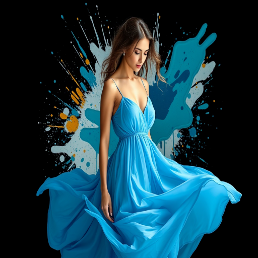 Create an image of a beautiful woman in a flowing blue dress with artistic splashes of paint in the background, captured with a Canon EOS R5, 50mm lens, f/1.8 aperture, ISO 100, in soft natural lighting and a portrait mode for enhanced detail and color vibrancy.