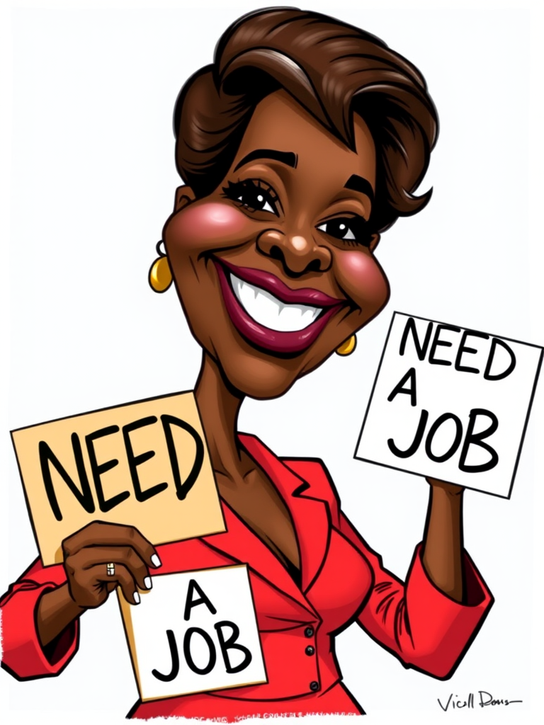 caricature of a smiling Viola Davis in a Carmine dress or suit, holding up a sign that says "NEED A JOB", no watermark,