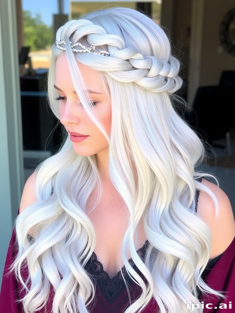 Silvery-white long layers called "Frost Queen" with icy blue undertones, styled in a half-up crown braid with cascading waves for a regal appearance