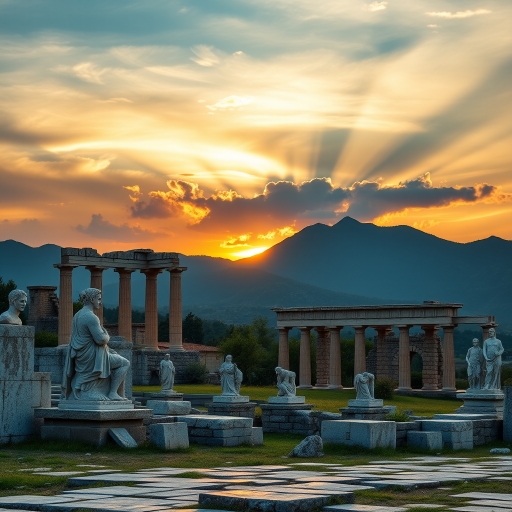 Generate a high-resolution image of ancient Greek ruins with detailed sculptures in the foreground, set against a dramatic mountain landscape under a sunset sky, using a DSLR camera at 24mm, f/8, ISO 100, with a wide-angle perspective and natural lighting.