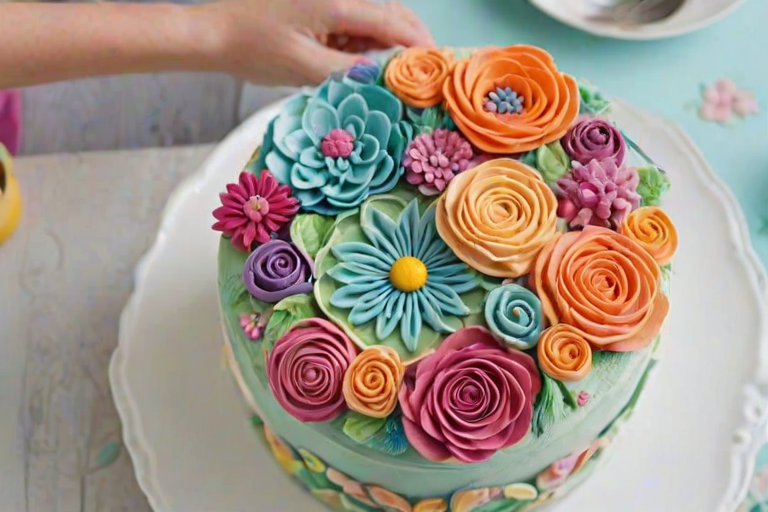 Create an image of a colorful cake decorated with intricate buttercream flowers and designs. The cake should have a variety of vibrant colors including pink, purple, orange, and teal, with patterns that resemble floral arrangements and textured swirls. The background should be a soft pastel color to highlight the cake's decorations.