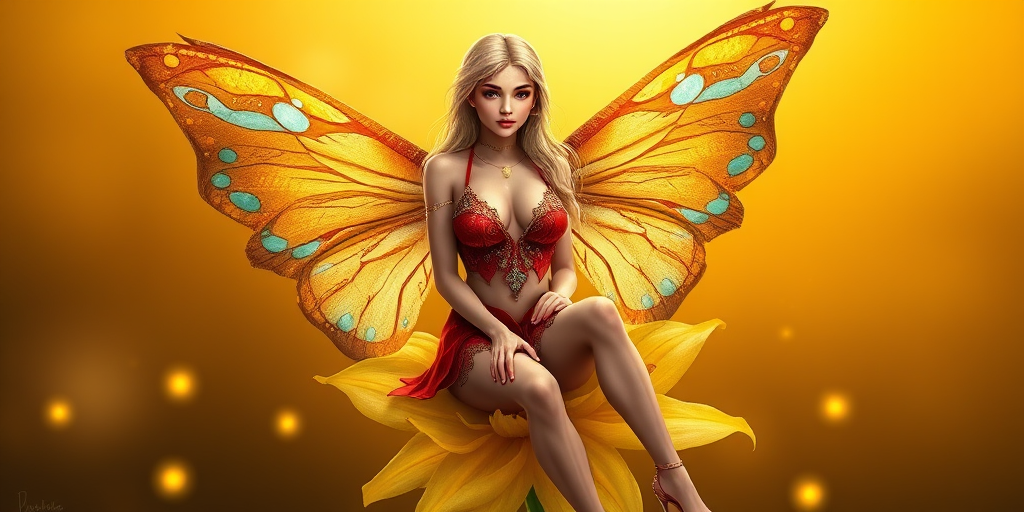 A digital artwork features a winged fairy with delicate Copper butterfly wings, adorned with intricate Slate and Azure patterns. She is seated on a vibrant Daffodil flower, wearing a revealing red two-piece outfit with sparkling beadwork. Her fair skin, long blonde hair, and gold jewelry add to her ethereal appearance. The background is a warm, golden gradient, creating a magical atmosphere. Small glowing orbs and sparkles surround the flower, enhancing the enchanting, highly detailed, and realistic scene.