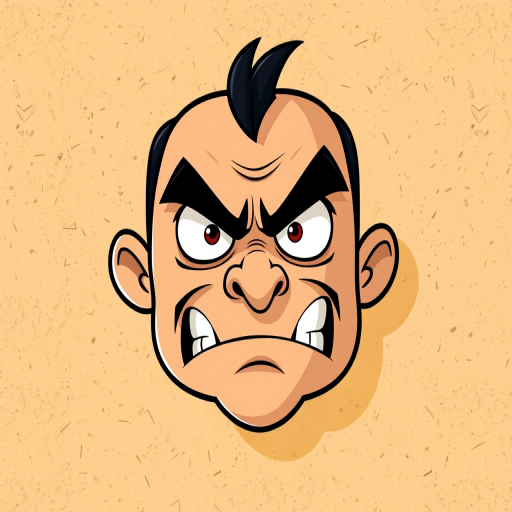 Create a high-resolution illustration of a cartoonish angry face with exaggerated features against a textured beige background, using a DSLR camera with a 50mm lens, f/2.8 aperture, 1/125 shutter speed, and shooting in natural light.