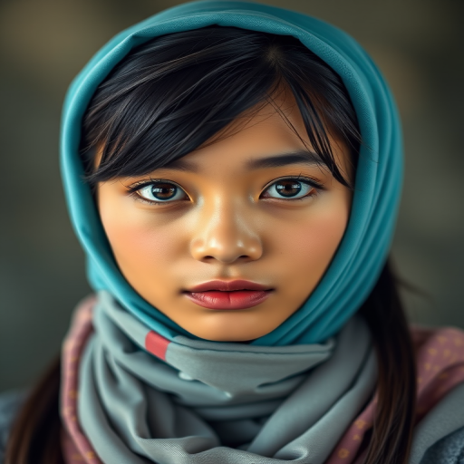Create a portrait of a young Singaporean woman with long, dark hair and captivating hazel eyes. She is wearing a cyan headscarf and a matching scarf draped gracefully around her neck. The background is softly blurred, focusing attention on her serene and natural expression. The overall color palette is muted and warm, enhancing the intimate and authentic feel of the portrait.
