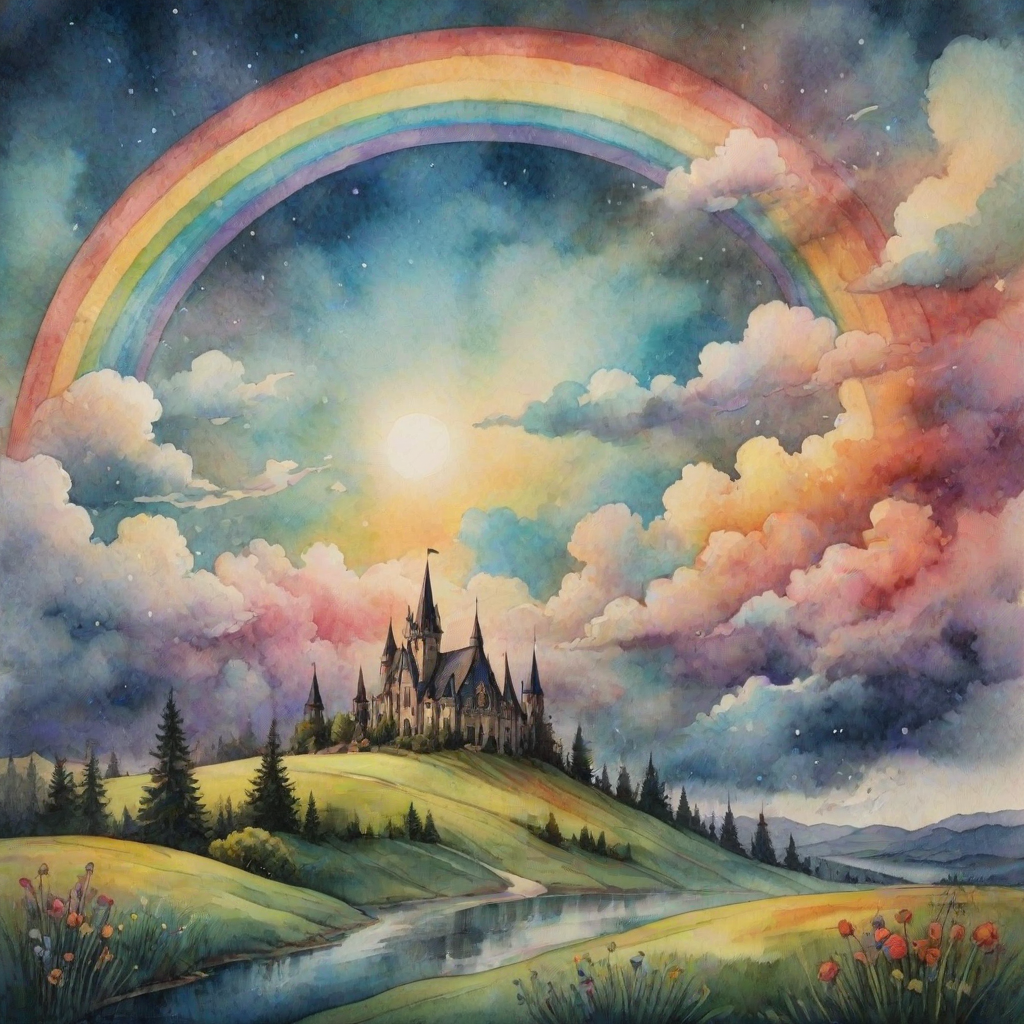 A whimsical and surreal sky with a vibrant rainbow, featuring dramatic lighting effects and a textured watercolor background, with a touch of gothic aesthetic.