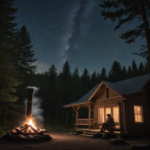 Secluded forest cabin, smoke rising from the chimney, a woman sits on the porch wrapped in a blanket, her breath visible in the chilly evening air as she watches the stars begin to appear.