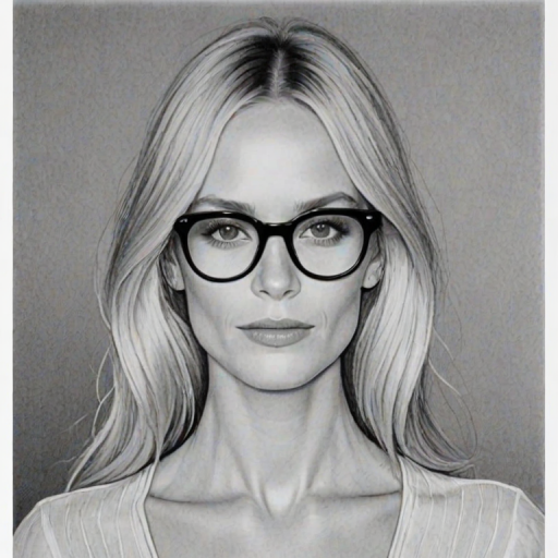 Lovely Poppy Delevingne, pencil sketch, portrait of Graceful woman 1967s in glasses, hair style beatnik, outline, clear lines, fine lines, 8k