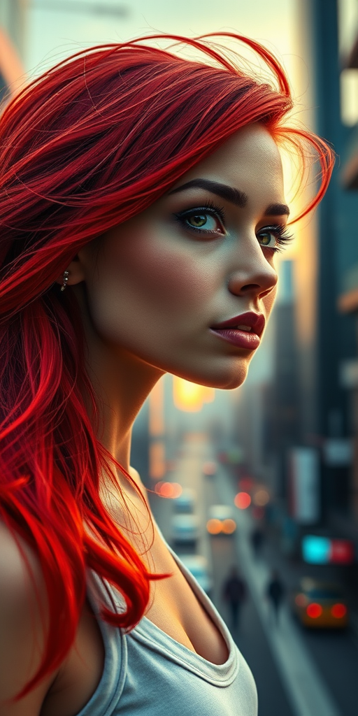 A futuristic cityscape featuring a woman with vibrant red hair, soft focus background, sharp details on the subject, golden hour lighting, portrait view, taken with a DSLR camera at 50mm lens, aperture f/1.8, ISO 100, and a slightly elevated angle for depth.