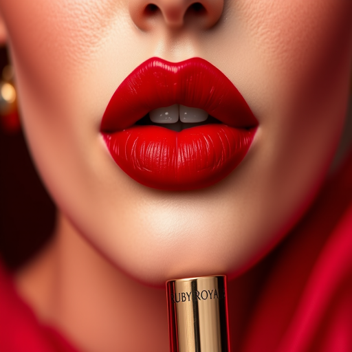 Opulent "Ruby Royale" liquid lipstick adorns lips in rich, jewel-toned red with a velvety matte finish and exceptional color payoff for timeless glamour