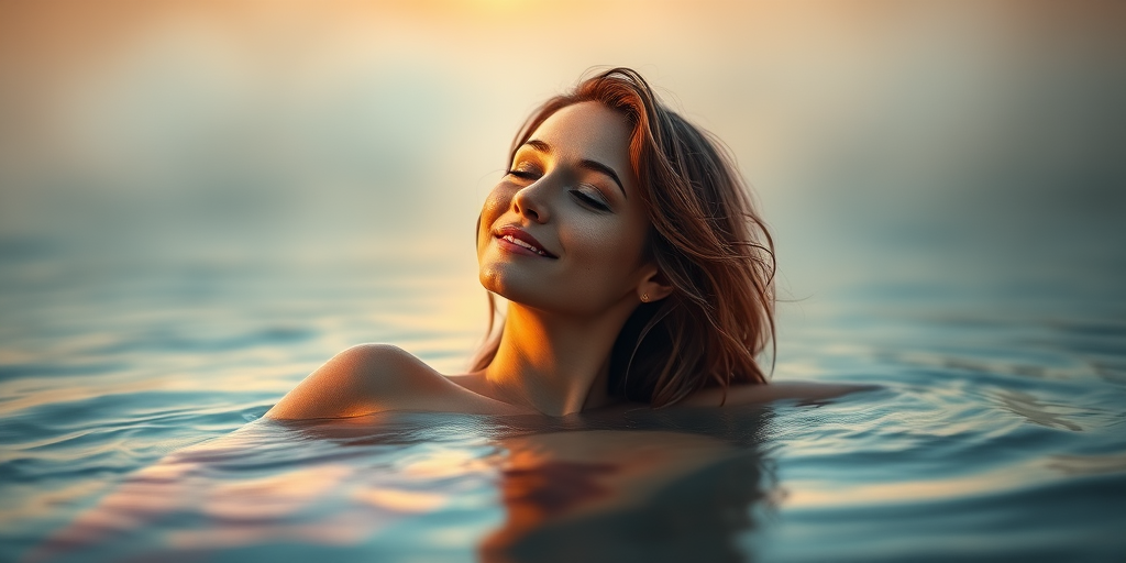 create a serene portrait of a woman relaxing in a misty water setting during golden hour, capture it with a 50mm lens at f/1.8, ISO 200, shutter speed 1/250s, use soft natural light with a shallow depth of field for a dreamy effect, photograph from a low angle to emphasize the tranquil atmosphere.