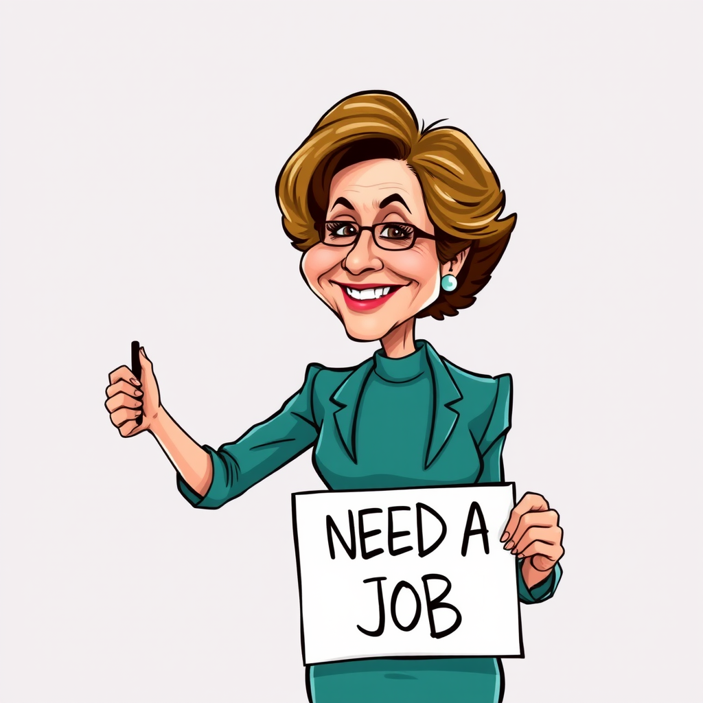 caricature of a smiling Annette Bening in a Teal dress or suit, holding up a sign that says "NEED A JOB", no watermark,