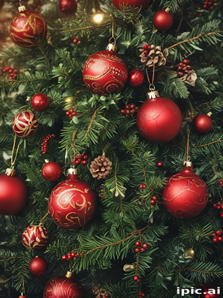 Festive Christmas Tree Adorned with Beautiful Red Ornaments and Pinecones
