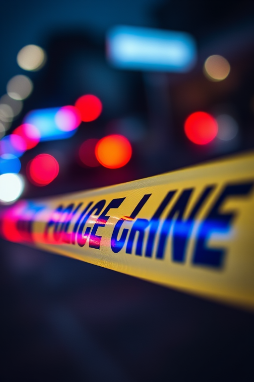 A close-up shot of a police tape saying "POLICE LINE DO NOT CROSS" illuminated by red and blue lights, captured with a DSLR camera at f/2.8, ISO 200, 1/60s shutter speed, using a lens with a bokeh effect for a dramatic background blur and low-angle view for emphasis.