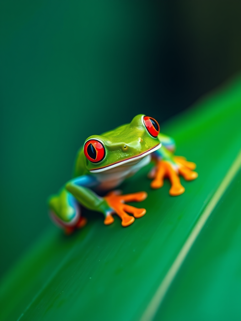 Create a vibrant, low-poly stylized image of a red-eyed tree frog on a green leaf, using a Canon EOS 5D Mark IV with a 50mm f/1.8 lens, aperture set to f/2.8, ISO 100, and natural lighting for enhanced color contrast.