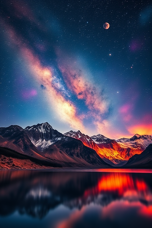 A stunning cosmic landscape featuring majestic mountains illuminated by multiple celestial bodies, vibrant colors reflecting on a serene lake in the foreground, captured with a Canon EOS R5, ISO 100, f/8 aperture, 24mm lens, HDR mode, low angle view for dramatic effect.