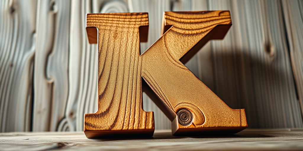 Create an image of a large, textured wooden letter "K" with intricate details, captured in high resolution using a DSLR camera with a 50mm lens at f/2.8, ISO 100, and a soft natural lighting setup to enhance depth and contrast.