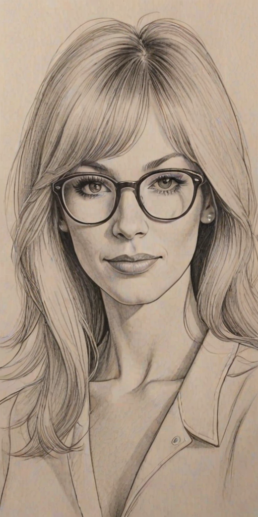 Pleasing Debbie Gibson, pencil sketch, portrait of Bewitching woman 1970s in glasses, hair style beatnik, outline, clear lines, fine lines, 8k