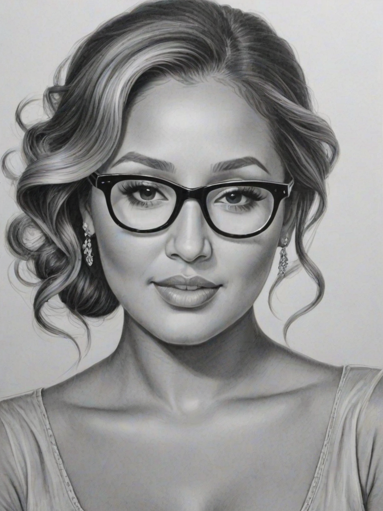 Fascinating Adrienne Bailon, pencil sketch, portrait of Elegant woman 1948s in glasses, hair style beatnik, outline, clear lines, fine lines, 8k