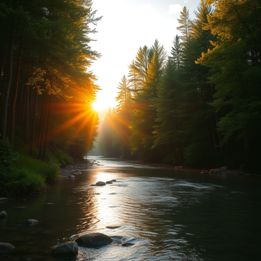 Create an image of a serene, sunlit forest scene with a clear, gently flowing river. Tall trees with lush green foliage line both sides of the river, their leaves bathed in the warm golden light of the setting or rising sun. The sunlight filters through the trees, casting soft, dappled light on the river, which flows over smooth rocks and pebbles, creating a peaceful, natural atmosphere. The sky is bright with a few scattered clouds, and the overall mood is tranquil, evoking a deep sense of connection with nature. The image captures the beauty of a calm, pristine forest landscape at either dawn or dusk.