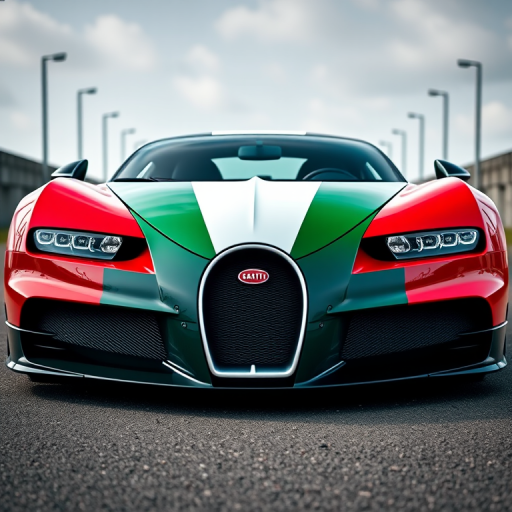 create a hyper-realistic image of a Bugatti sports car adorned with a unique red, white, and green paint scheme representing the Italian flag, captured from a low-angle front view using a DSLR camera with an aperture of f/2.8, ISO 100, and a shutter speed of 1/200s for enhanced detail and clarity.