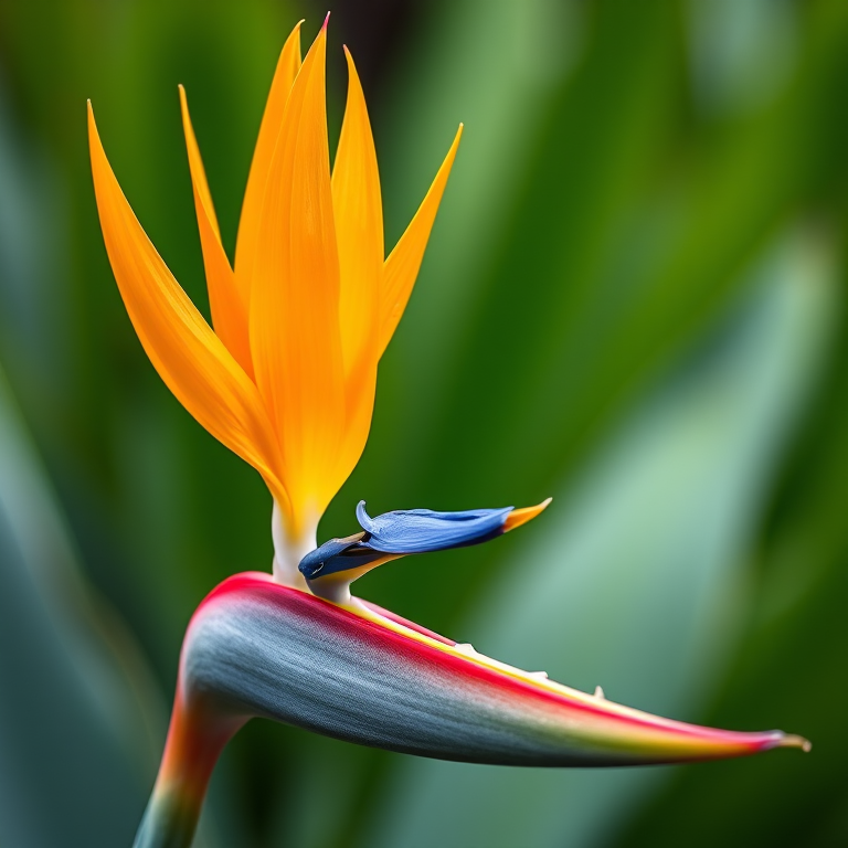 Regenerate an image of a vivid bird of paradise flower with a blurred green background, shot with a Canon EOS R5, using a 100mm macro lens, aperture f/2.8, ISO 100, and a shallow depth of field to enhance vivid colors and detail.
