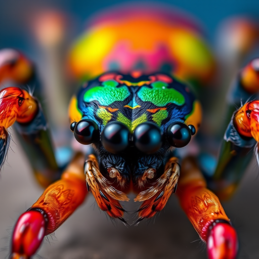 macro shot of a vividly colored spider with shiny details, captured with a DSLR camera, 100mm lens, f/2.8 aperture, ISO 200, focused on the spider's face, with soft blue backlighting and shallow depth of field for a dramatic effect