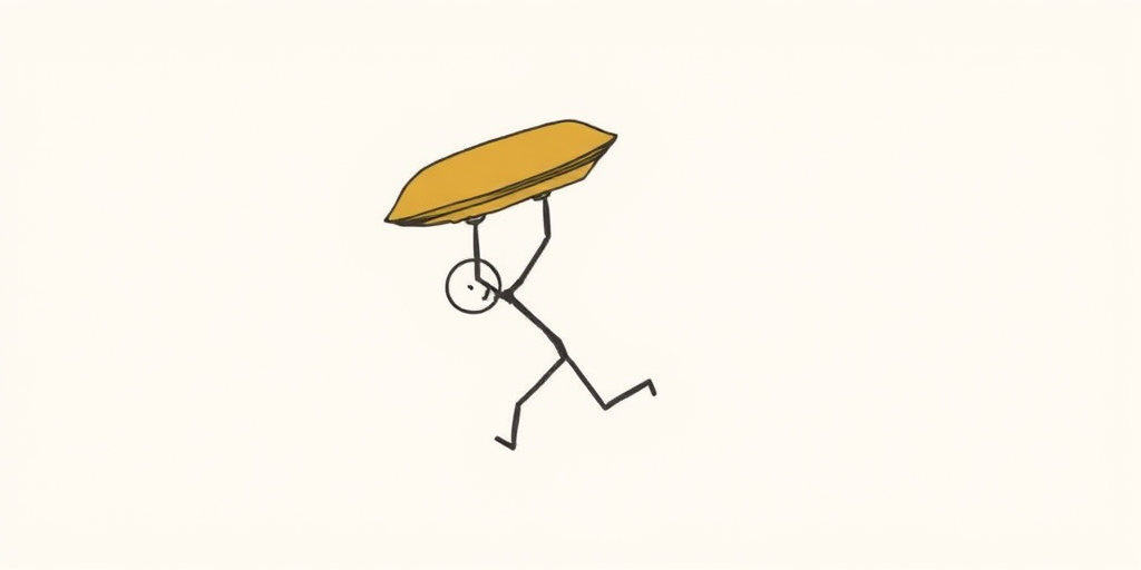 Create an illustration of a stick figure struggling under a heavy object, captured in high resolution with a Canon EOS R5, f/2.8 aperture, 1/250 shutter speed, and a 50mm lens, top-down view with a minimalistic style.