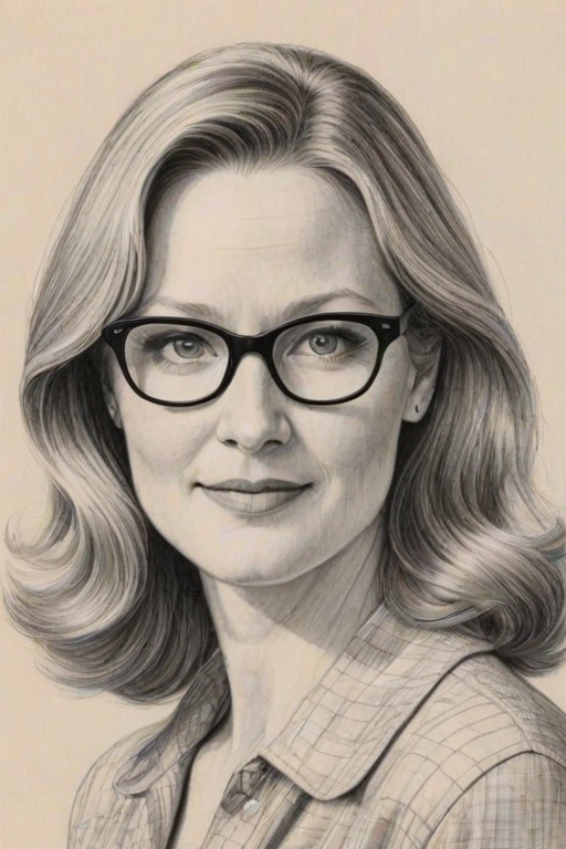 Captivating Laura Linney, pencil sketch, portrait of Enchanting woman 1955s in glasses, hair style beatnik, outline, clear lines, fine lines, 8k