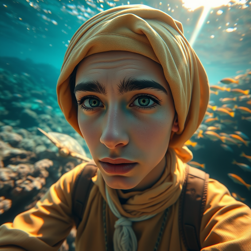 Realistic selfie image of a Coptic, wearing a vintage outfit, detailed dreamy eyes, droopy hooded eyes, staring at the camera, taken underwater at coral reef with a sunbeam filtering through the water, vibrant, summer vacation, natural lighting, turtle and school of tropical fish with vibrant colors, rendered in the style of CryEngine, Pegi Nicol MacLeod, with realistic genre scenes, hauntingly beautiful narratives, ultra-realism, and Thomas Saliot's close-up technique, 8K resolution, crystal clear and sparkling water.