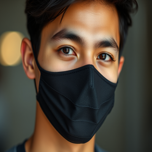 Portrait of a young man wearing a black face mask, captured with a Canon EOS 5D Mark IV, 50mm lens, f/1.8 aperture, ISO 100, 1/200s shutter speed, soft focus background for enhanced detail and clarity.