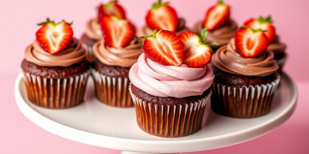 A collection of chocolate cupcakes with pink swirled frosting topped with fresh strawberry slices on a white cake stand with a soft pink background.