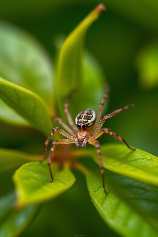 macro shot of a spider on green leaves, f/2.8 aperture, 1/250 sec shutter speed, ISO 100, 100mm macro lens, soft natural lighting, focus on the spider with a blurred background.