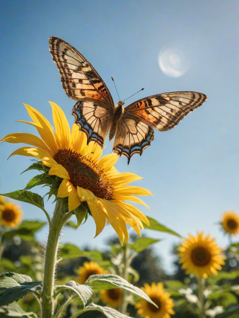 Soft-focus image of a butterfly landing on a sunflower in a sunlit garden, with bright green leaves and a blue sky softly blurred in the background, creating a peaceful summer atmosphere.