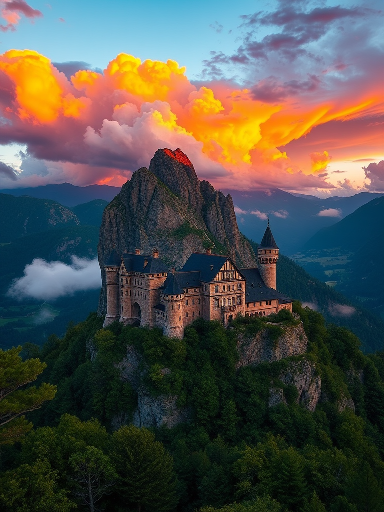 A majestic mountain castle at sunset with dramatic clouds illuminated by orange and purple hues in the sky, surrounded by lush greenery and misty valleys, captured with a Canon EOS R5, 24mm lens, f/8 aperture, ISO 100, using a golden hour setting for enhanced color depth and sharpness.