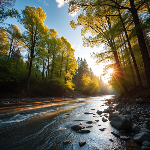 Create an image of a serene, sunlit forest scene with a clear, gently flowing river. Tall trees with lush green foliage line both sides of the river, their leaves bathed in the warm golden light of the setting or rising sun. The sunlight filters through the trees, casting soft, dappled light on the river, which flows over smooth rocks and pebbles, creating a peaceful, natural atmosphere. The sky is bright with a few scattered clouds, and the overall mood is tranquil, evoking a deep sense of connection with nature. The image captures the beauty of a calm, pristine forest landscape at either dawn or dusk.