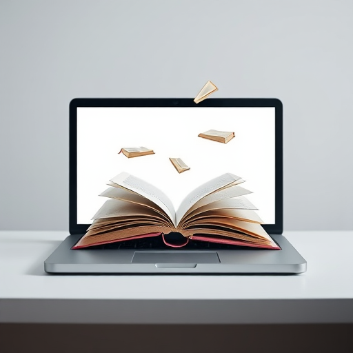 Create a high-resolution image of an open laptop displaying floating books above the screen in a minimalist style, shot with a Canon EOS R5, 50mm lens, f/1.8 aperture, ISO 100, in a well-lit studio setting with a soft background blur.
