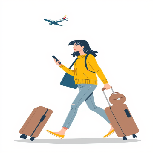 Create a vector-style illustration of a woman walking with a suitcase and a phone in hand, wearing a yellow sweater, with an airplane flying above, set against a light gray background, using a Canon EOS R5 with a 50mm lens, aperture f/2.8, ISO 100, and a slight vignette effect to enhance focus on the subject.
