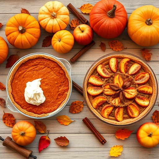 A cozy autumn scene featuring a beautifully arranged tabletop with two types of pie one being a pumpkin pie topped with whipped cream and the other a lattice apple pie surrounded by fresh apples pumpkins cinnamon sticks and scattered leaves in warm earthy tones