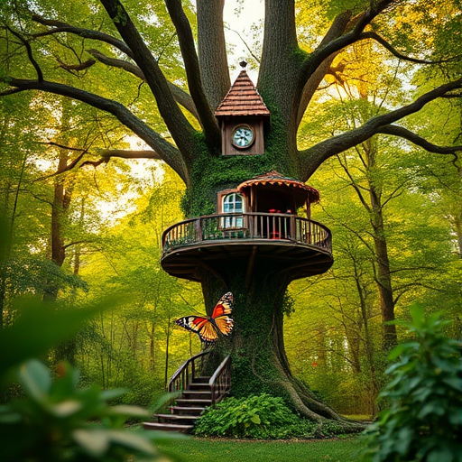 fantasy treehouse in a lush forest with vibrant greenery and a butterfly, shot with a Canon EOS R5, 50mm lens, f/2.8 aperture, ISO 100, soft golden hour lighting, high dynamic range, shallow depth of field, taken from a low angle perspective to emphasize height and detail
