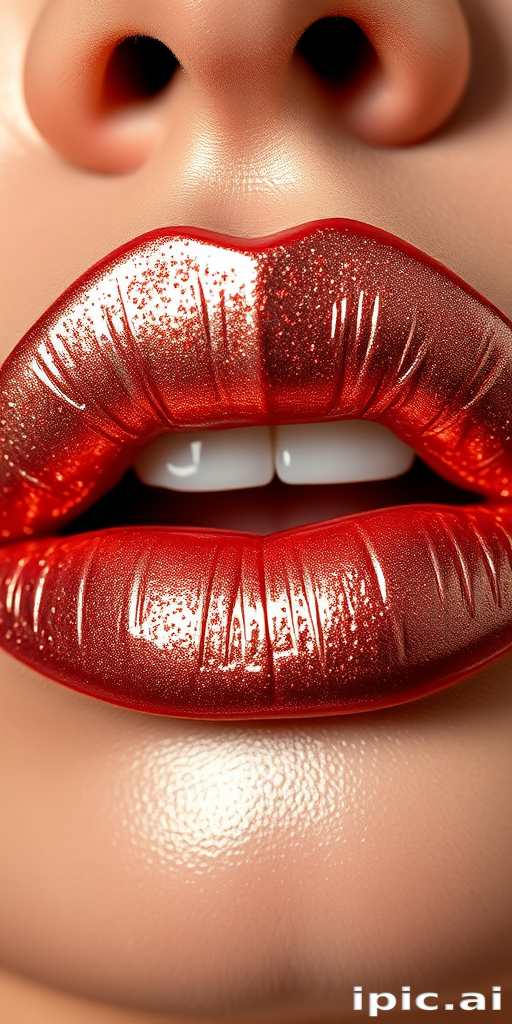 Shimmering rose gold lips glisten with metallic sheen, reflecting light in a mesmerizing display of luxury and sophistication, perfect for glamorous close-up shots