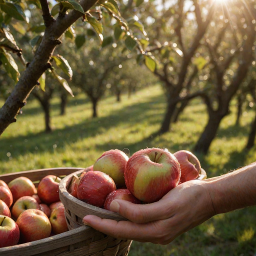 Sharp, close-up photo of a hand holding a freshly picked apple, droplets of dew still visible on the skin, sunlight filtering through orchard trees in the background, soft shadows on the hand, a wooden basket filled with more apples resting on the ground nearby.