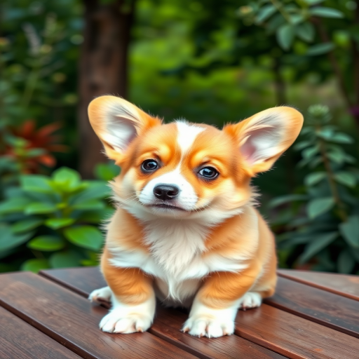 Generate an image of a cute corgi puppy with fluffy fur and big expressive eyes sitting on a wooden table in a lush green garden setting with plants and trees in the background. The corgi should have a playful and curious expression, slightly tilting its head to one side.