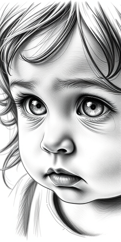 A hyperdetailed photorealistic black and white sketch of a beautiful toddler with deep white eyes, with a macro focus