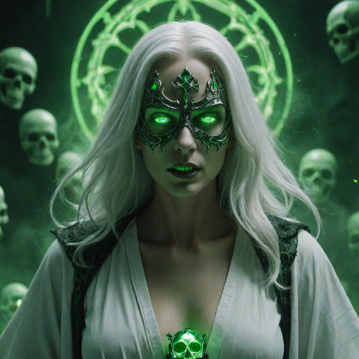 A cinematic shot of an Evil necromancer with white hair and green eyes, wearing a white robe and metal mask covering her mouth, she is summoning green floating skull heads, green glowing skulls, hell in background, hkmagic