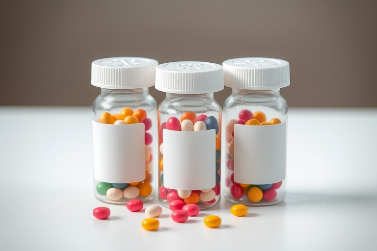 Create a high-resolution image of three glass prescription bottles filled with colorful tablets, with the labels blank, using a Canon EOS R5 camera, 50mm lens, f/2.8 aperture, ISO 100, 1/125s shutter speed, soft natural lighting, and a slight top-down view to capture the details of the tablets.