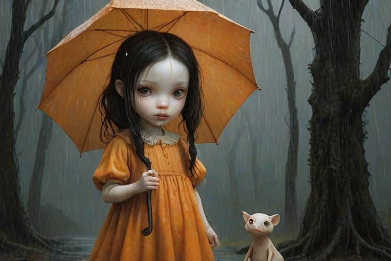 An eerie, weird little girl with dark hair in thin pigtails, wearing a smock dress, standing in the rain, holding a dirty orange umbrella, a small, odd creature beside her. In a surreal style inspired by Nicoletta Ceccoli and Brian Froud. Dark fantasy themes