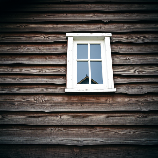 a close-up view of a vintage wooden building with a single white window, natural daylight, high-resolution quality, aperture f/4, shutter speed 1/200 sec, ISO 100, DSLR camera, focus on texture and details of the wood grain