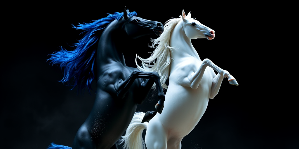 two magical horses, one black with blue mane, one white with a flowing mane, rearing up in a dynamic pose, high-resolution, 50mm lens, f/1.8 aperture, ISO 100, natural lighting, studio setup, shallow depth of field