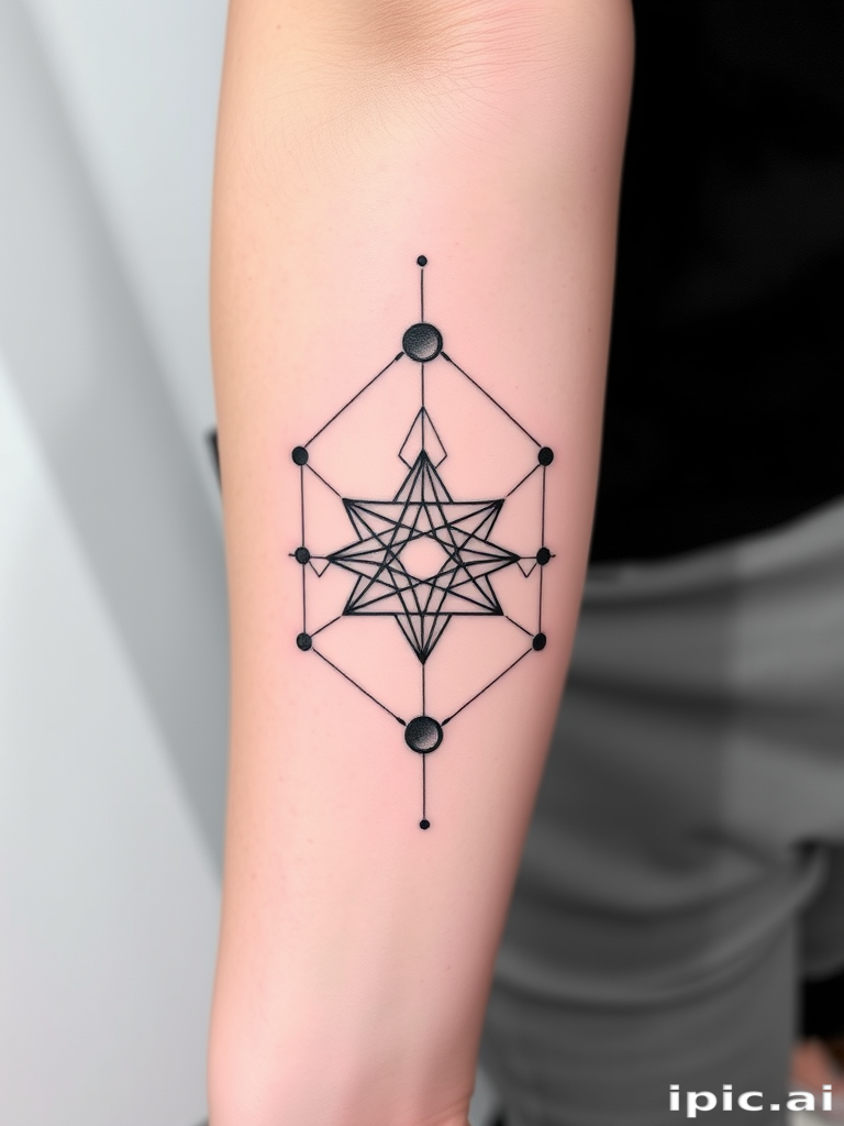 Minimalist blackwork tattoo called "Geometric Harmony" showcasing intricate geometric shapes interconnected with delicate lines, creating a mesmerizing pattern that flows seamlessly across the skin, known for its bold contrast and precision