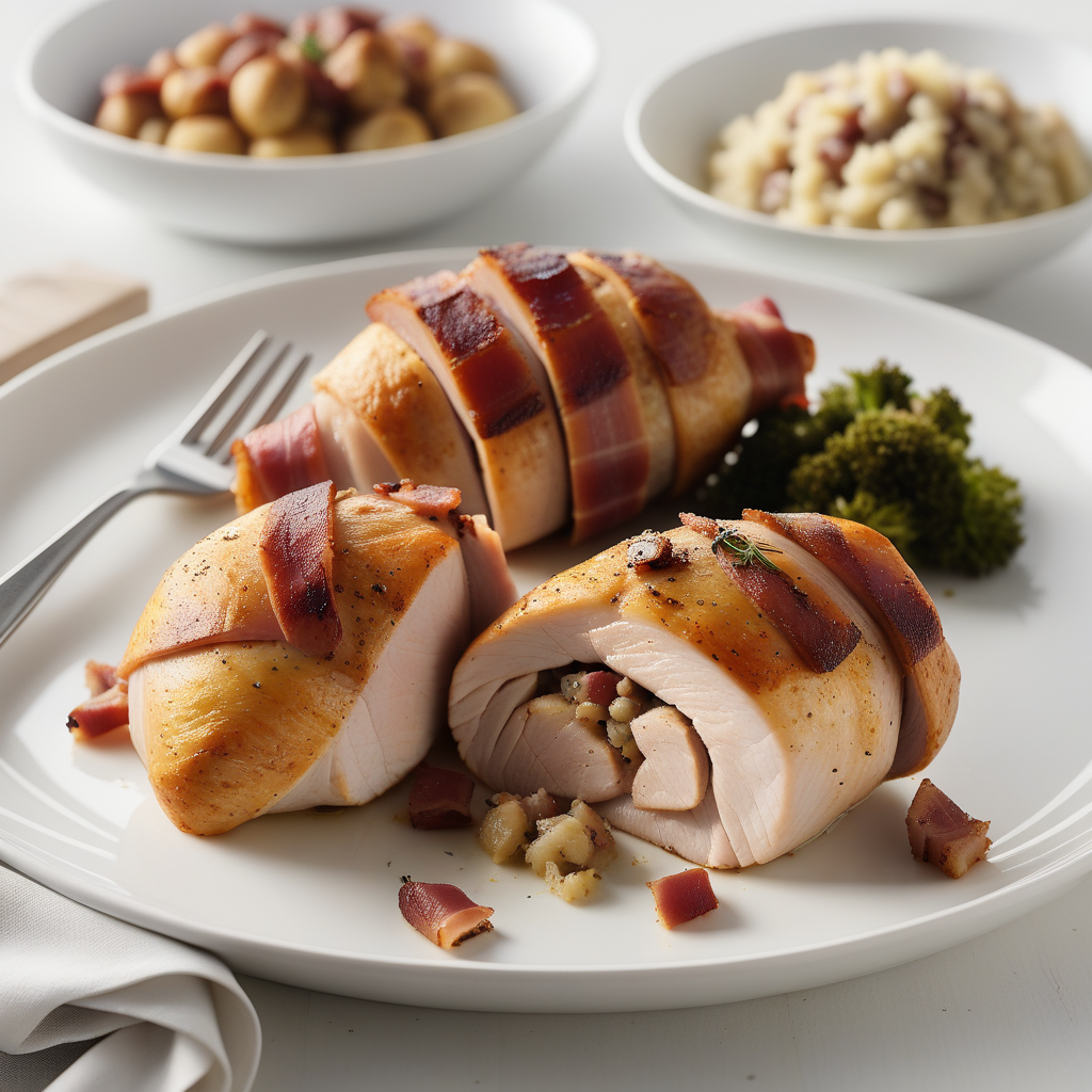 chicken breast with stuffing wrapped in bacon
